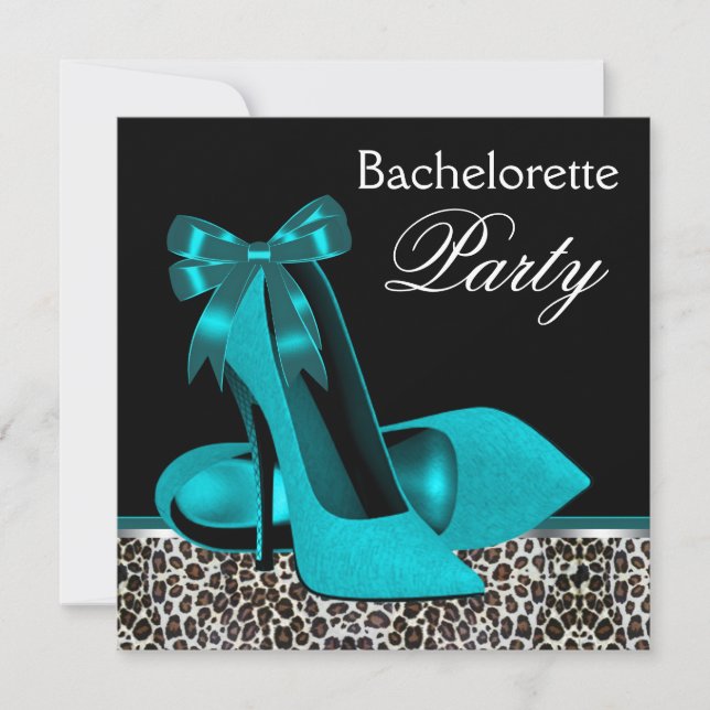 Teal Blue Leopard High Heels Bachelorette Party Invitation (Front)