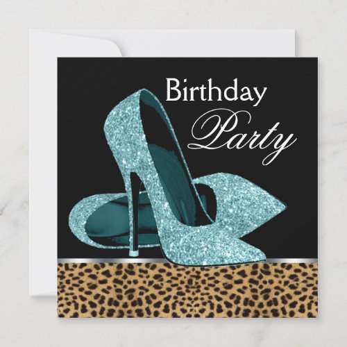 Teal Blue Leopard High Heels Birthday Party Invitation