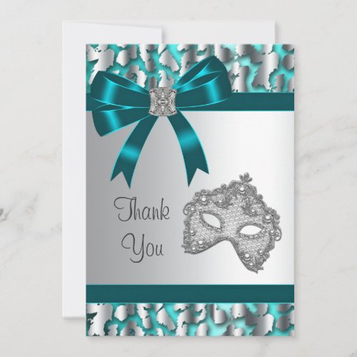 Teal Blue Leopard Masquerade Party Thank You Card