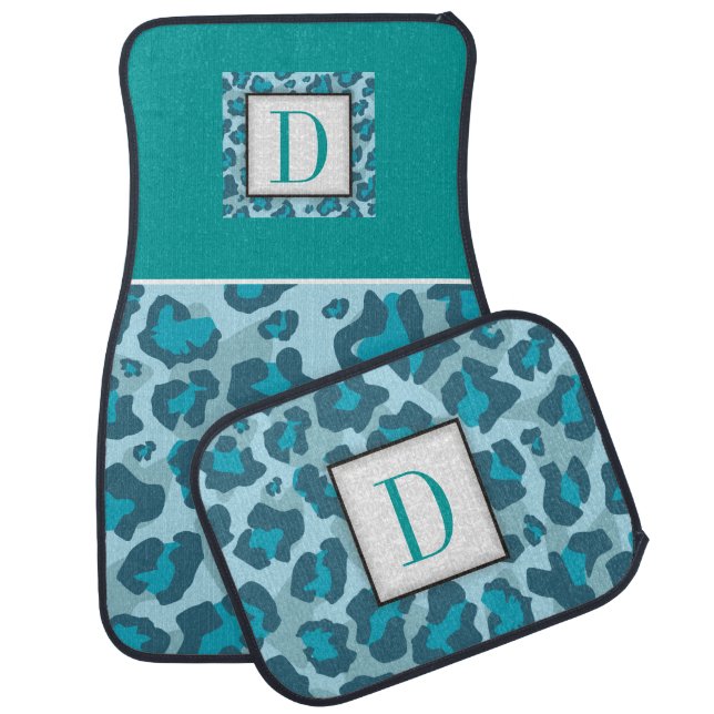 Teal, blue leopard pattern, monogram car mat (Set)