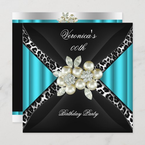 Teal Blue Leopard Pearl Diamond Birthday Party Invitation