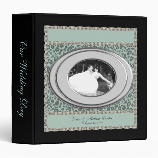 Teal Blue Leopard Photo Frame Wedding Album 3 Ring Binder (Front/Spine)