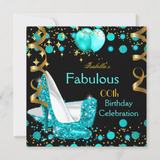 Teal Blue Lights High Heels Gold Birthday Party Invitation