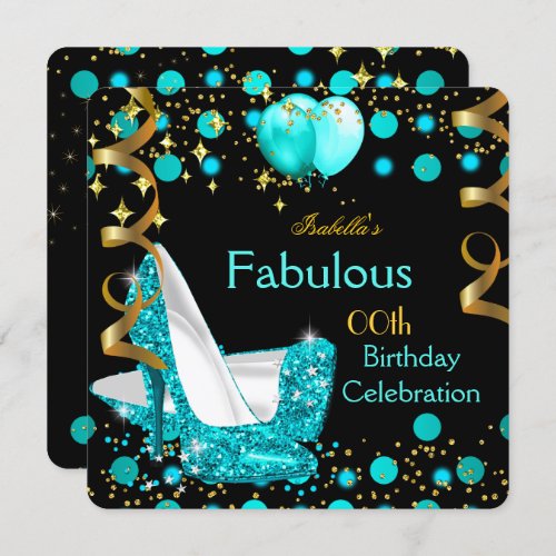 Teal Blue Lights High Heels Gold Birthday Party Invitation