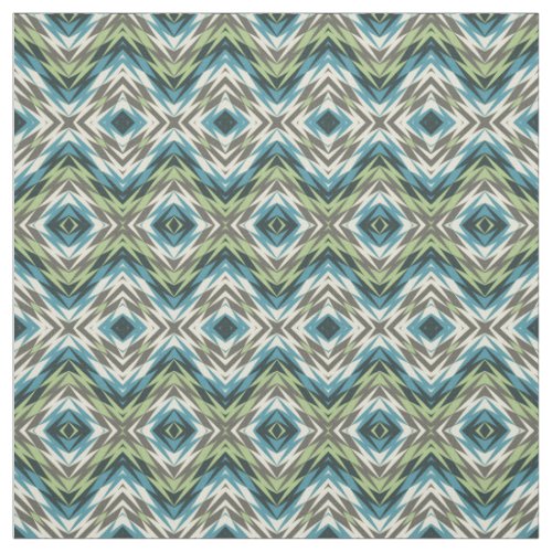 Teal Blue Lime Green Taupe Aztec Mosaic Pattern Fabric