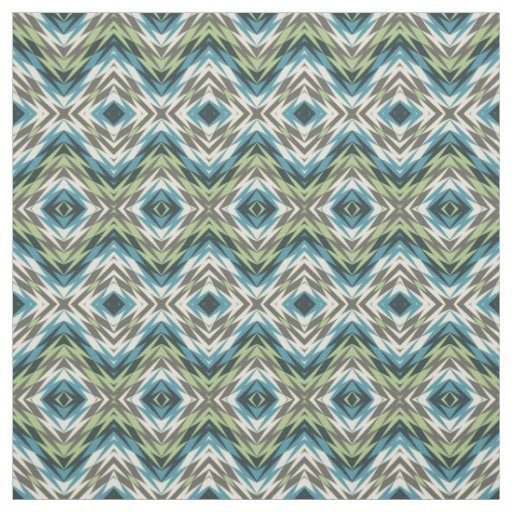 Teal Blue Lime Green Taupe Aztec Mosaic Pattern Fabric