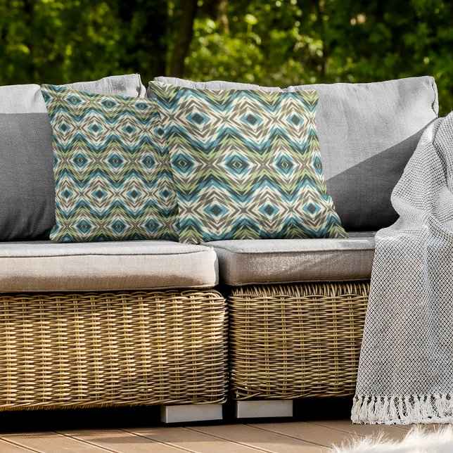 Teal Blue Lime Green Taupe Brown Ivory Tribal Art Outdoor Pillow (Creator Uploaded)