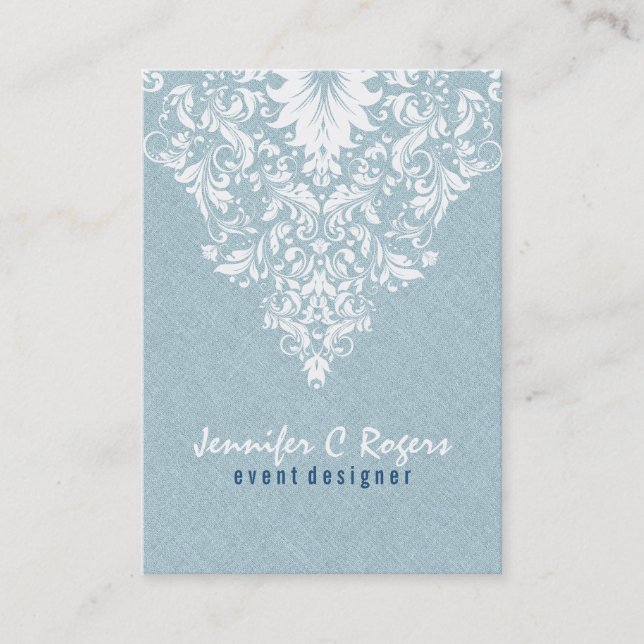 Teal Blue Linen Texture White Floral Lace Business Card (Front)