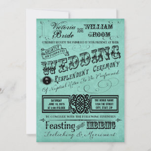 Teal Blue Linen Vintage Typography Wedding Invitation