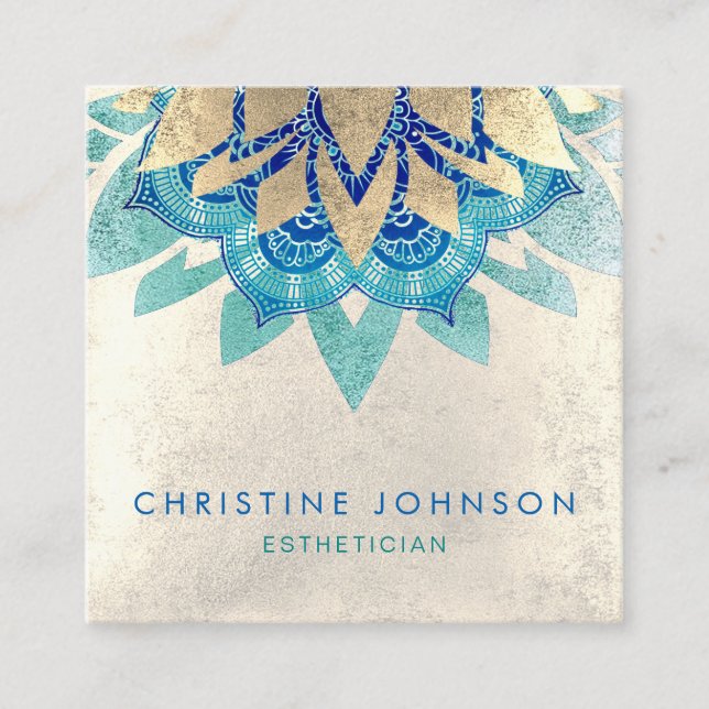 teal blue lotus flower esthetician square business card (Front)