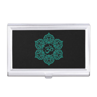 Teal Blue Lotus Flower Om on Black Business Card Holder