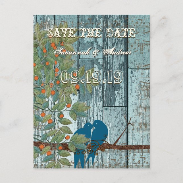 Teal Blue Love Bird Sitting in Tree Save the Date Announcement Postcard (Front)