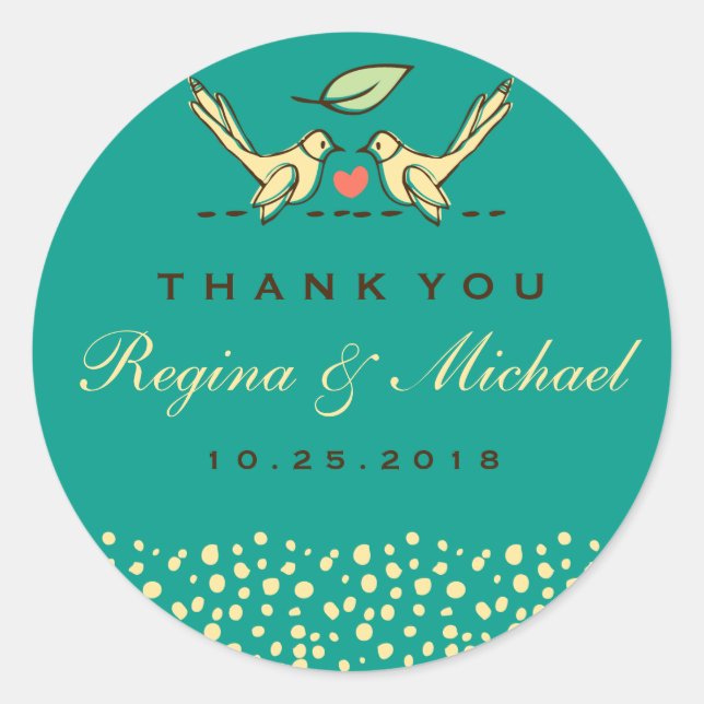 Teal Blue Love Birds Doodle Wedding Favor Sticker (Front)