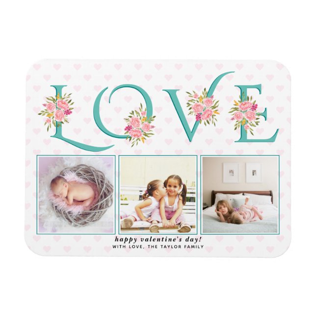 Teal blue LOVE, pink  roses Valentines Day Magnet (Horizontal)