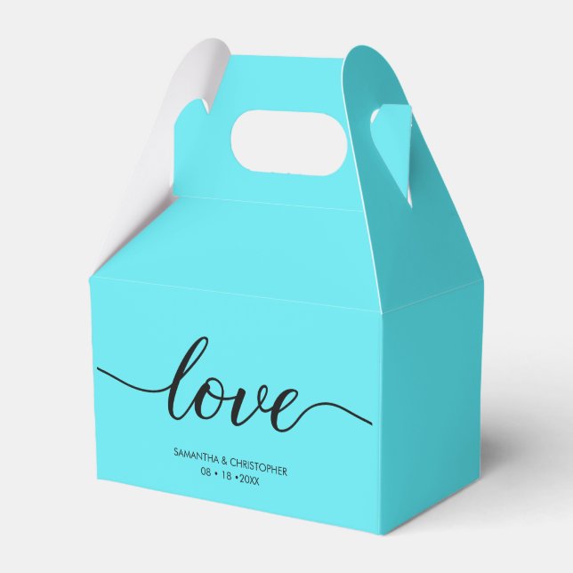 Teal Blue Love Script Modern Wedding Thank you Favor Boxes (Front Side)