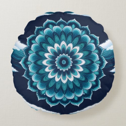 Teal Blue Mandala Flower Round Throw Pillow | Boho