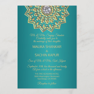 Teal Blue Mandala Gold Indian Wedding Invitation