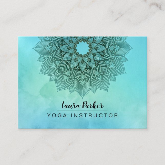 Teal Blue Mandala Lotus Meditation Holistic Yoga Business Card (Front)