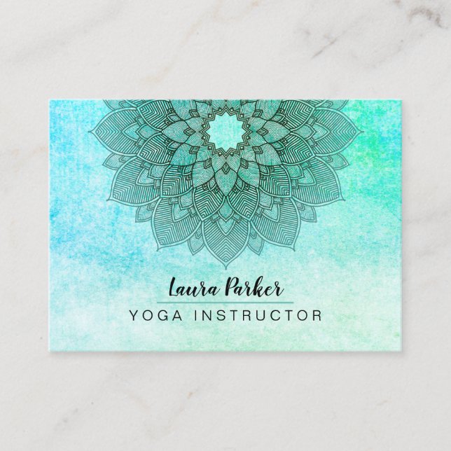 Teal Blue Mandala Lotus Meditation Holistic Yoga Business Card (Front)