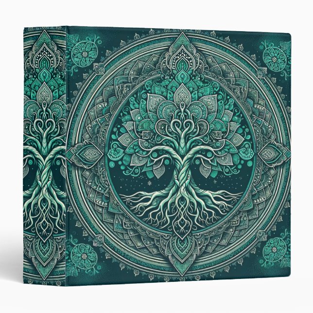 Teal Blue Mandala Tree of Life 3 Ring Binder (Front/Spine)