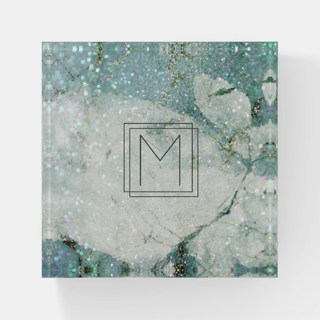 Teal Blue Marble Abstract Frame Monogram Paperweight (Front)