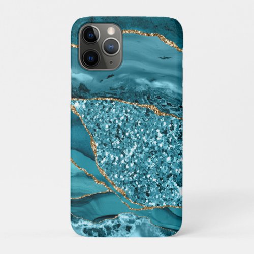 Teal Blue Marble Geode Gold Glitter Agate iPhone 11 Pro Case