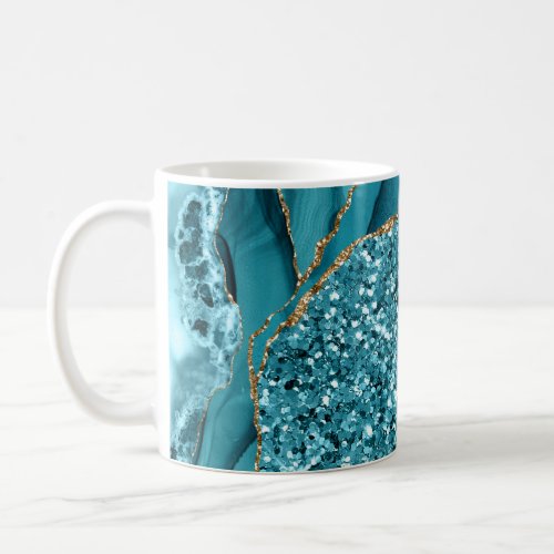 Teal Blue Marble Geode Gold Glitter Agate Coffee Mug