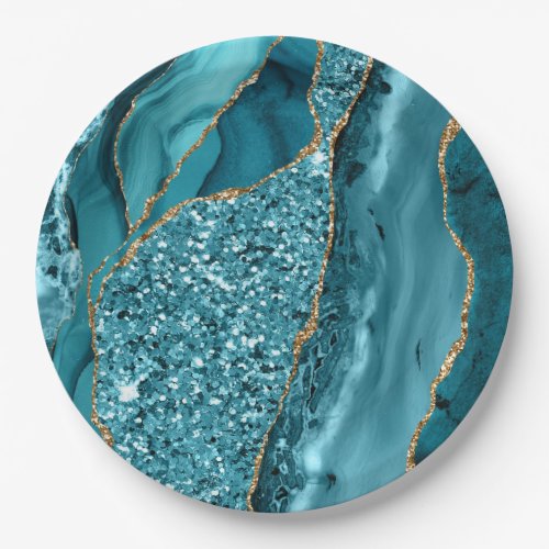 Teal Blue Marble Geode Gold Glitter Agate Paper Plates