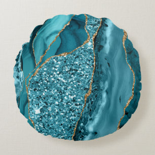 Teal Blue Marble Geode Gold Glitter Agate Round Pillow
