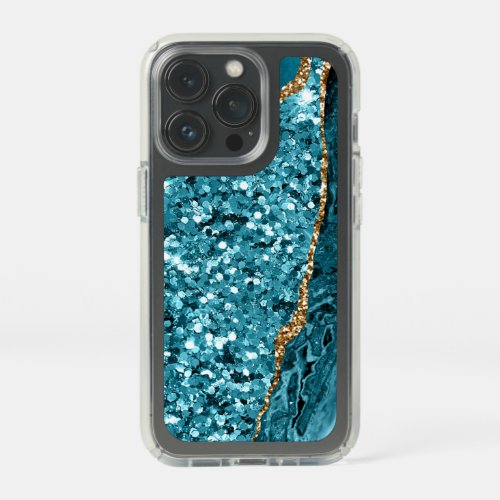 Teal Blue Marble Geode Gold Glitter Agate Speck iPhone 13 Pro Case