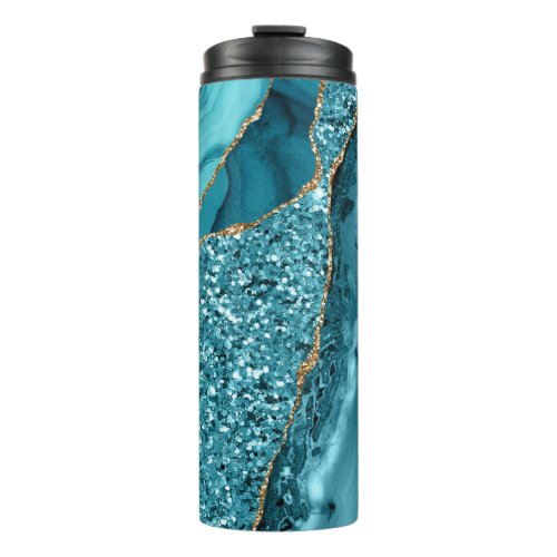 Teal Blue Marble Geode Gold Glitter Agate Thermal Tumbler