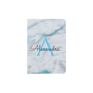 Teal Blue Marble Girly Monogram Name Passport Holder