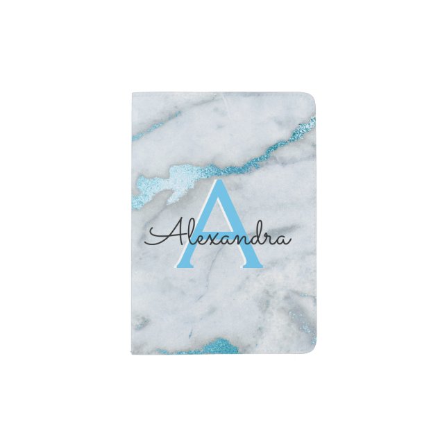 Teal Blue Marble Girly Monogram Name Passport Holder (Front)