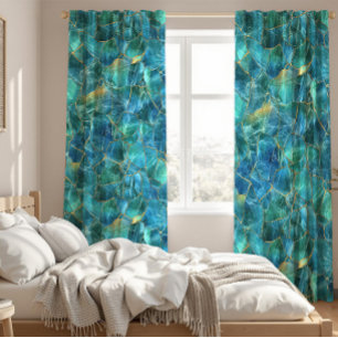 Teal Blue Marble Texture with Gold Veins Blackout Curtains