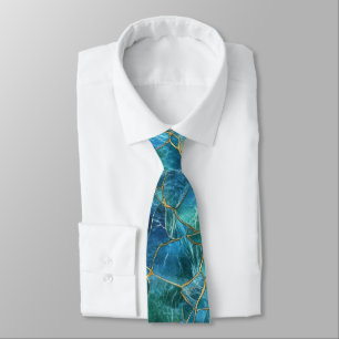Teal Blue Marble Texture with Gold Veins Neck Tie