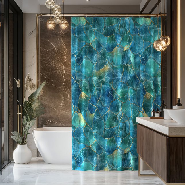 Teal Blue Marble Texture with Gold Veins Shower Curtain (Creator Uploaded)