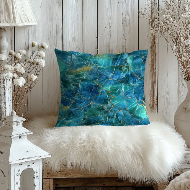 Teal Blue Marble Texture with Gold Veins Throw Pillow (Creator Uploaded)