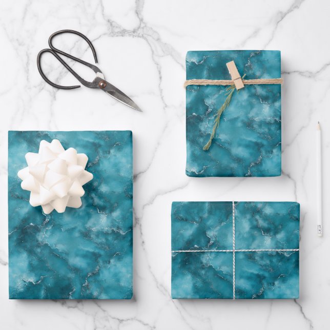 Teal Blue Marble Wrapping Paper Sheets (Front)