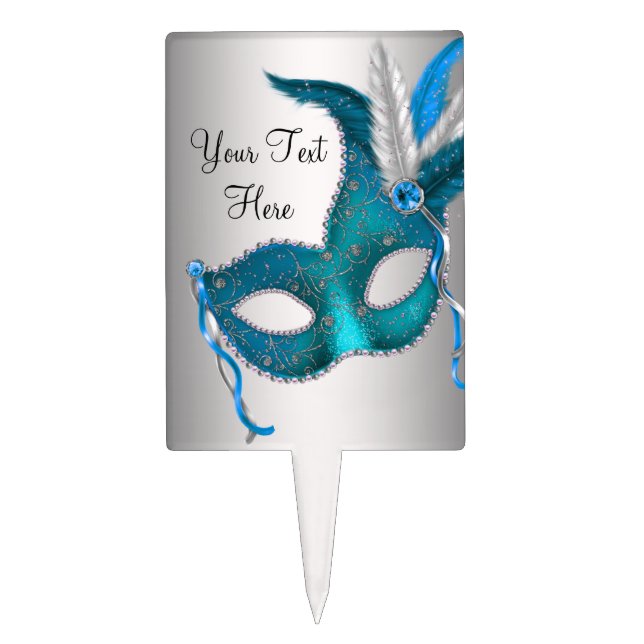 Teal Blue Mask Masquerade Party Cake Topper (Front)