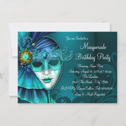 Teal Blue Mask Masquerade Party Invitation