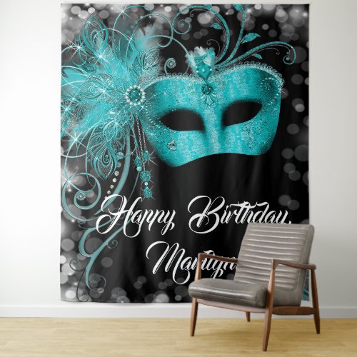 Teal Blue Masquerade Birthday Party Backdrop