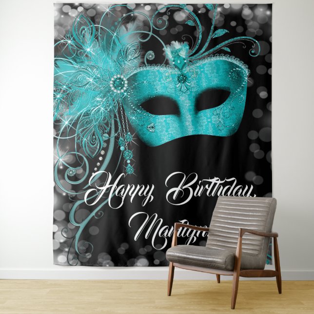 Teal Blue Masquerade Birthday Party Backdrop (In Situ)