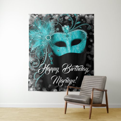 Teal Blue Masquerade Birthday Party Backdrop