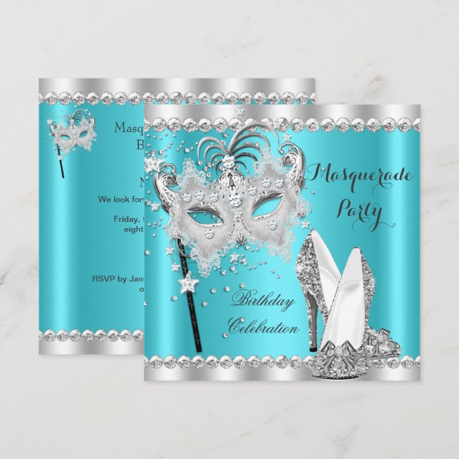 Teal Blue Masquerade Mask Hi Heels Birthday Party Invitation (Front/Back)