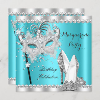 Teal Blue Masquerade Mask Hi Heels Birthday Party Invitation
