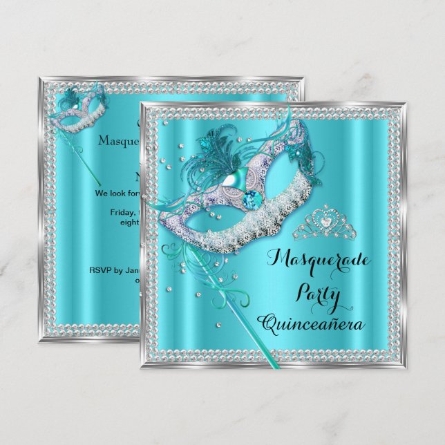 Teal Blue Masquerade Mask Quinceanera Party Invitation (Front/Back)
