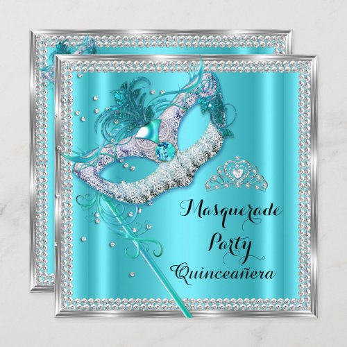 Teal Blue Masquerade Mask Quinceanera Party Invitation