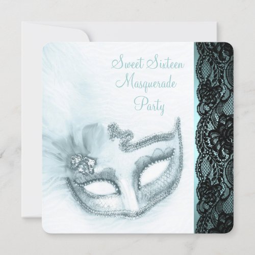Pretty Sweet Sixteen Teal Blue Masquerade Party Personalized Invitations