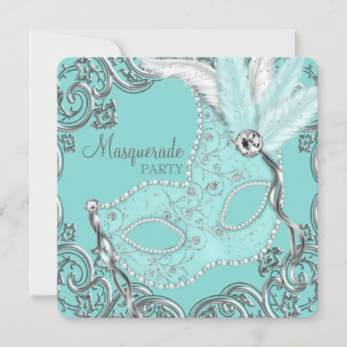 Elegant Silver Teal Blue Masquerade Party Personalized Announcement