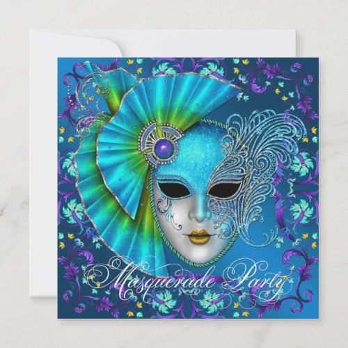 Teal Blue Masquerade Party Invitations